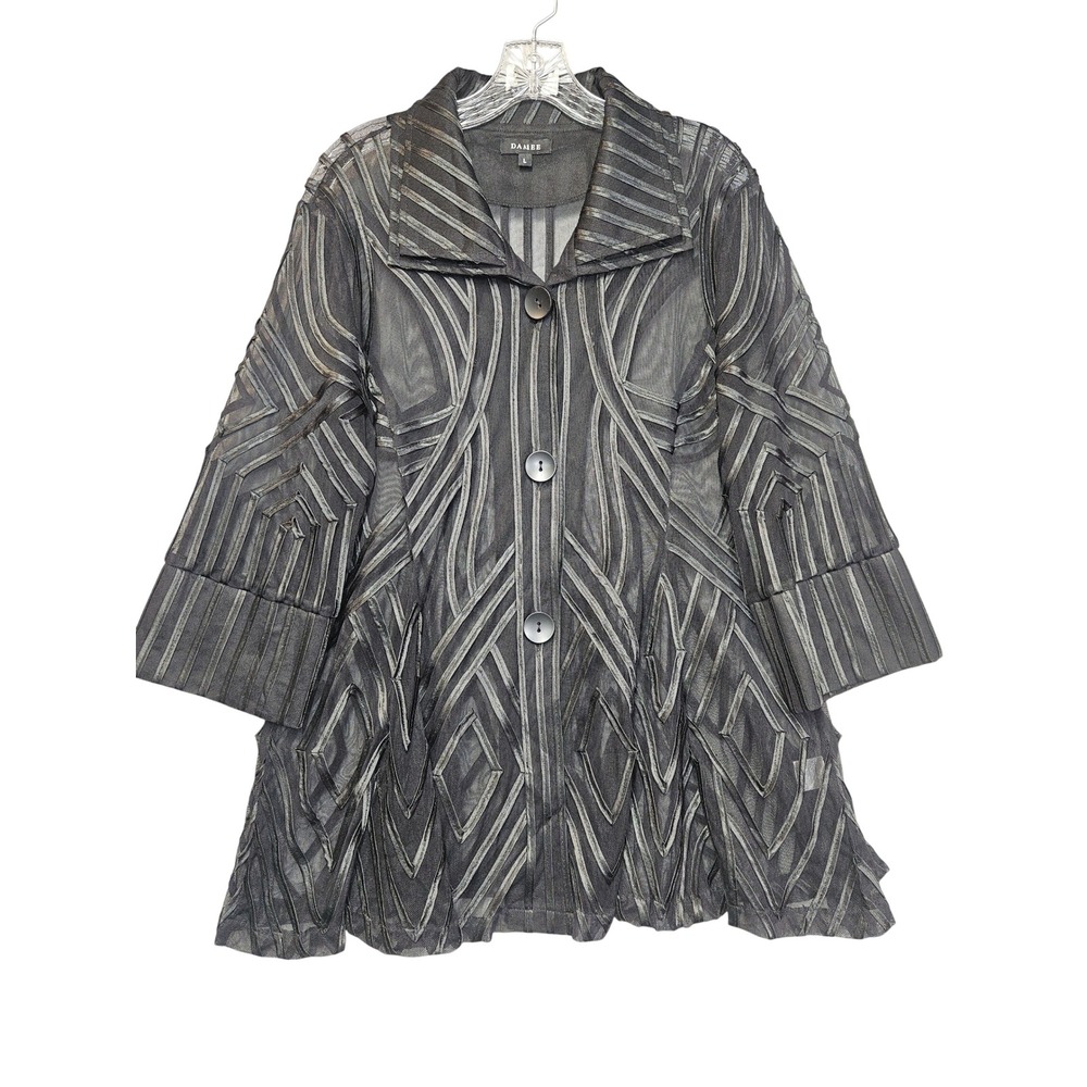 Damee Black Sheer Mesh Geometric Applique Button Front Jacket Womens Large